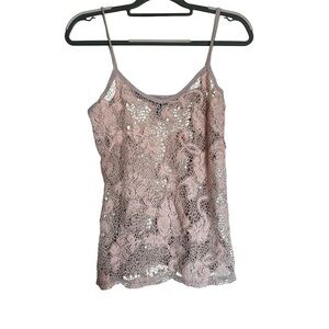 BKE Women’s Floral Lace Camisole Tank Top Sheer Mesh Crochet Cami in Pink